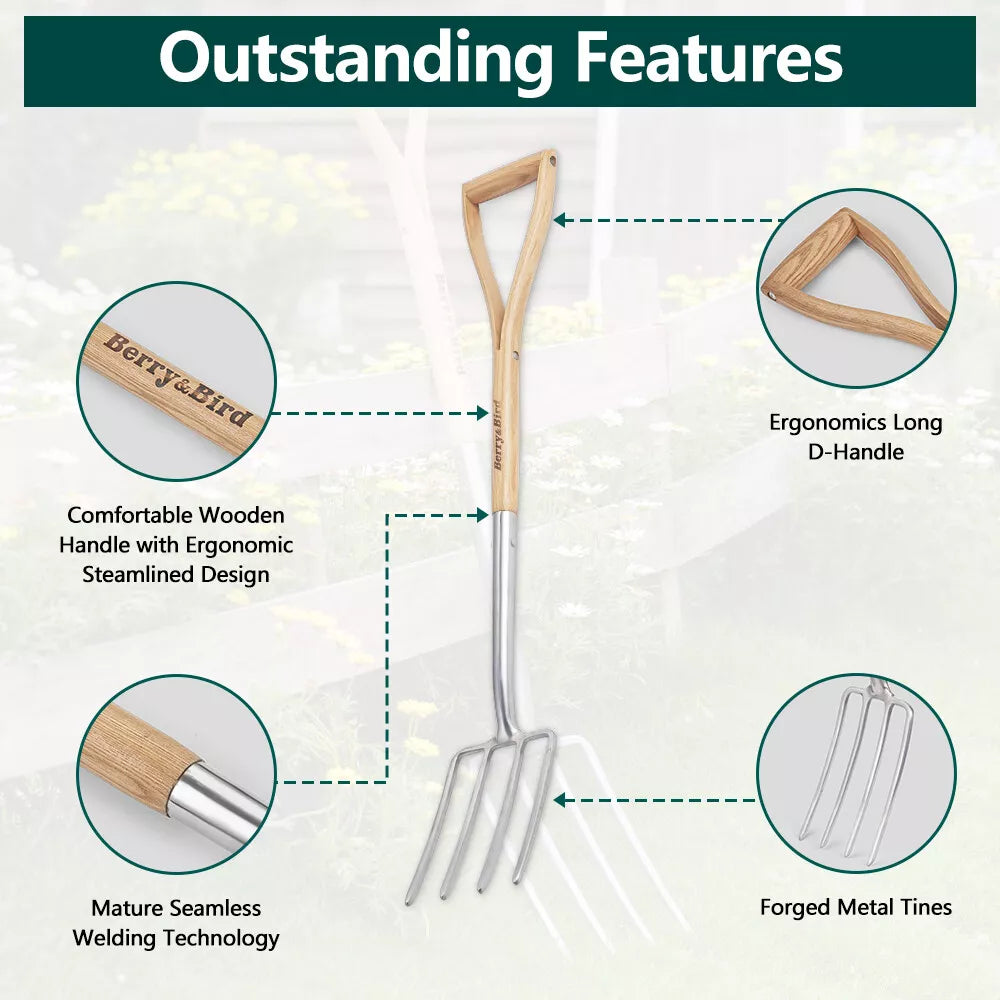 Garden Tools 4-Tine Kid Digging Fork 28.07 Inch with D-Handle Stainless Steel Spading Fork