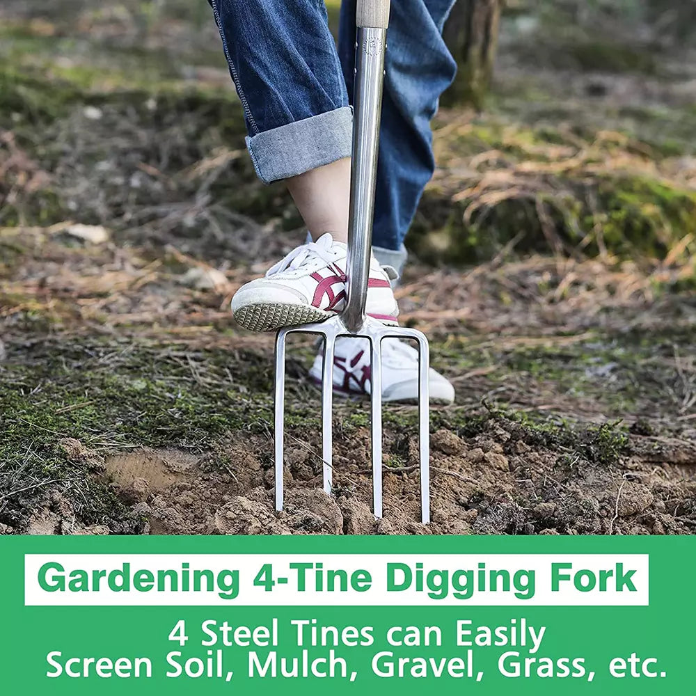 Garden Tools 4-Tine Kid Digging Fork 28.07 Inch with D-Handle Stainless Steel Spading Fork