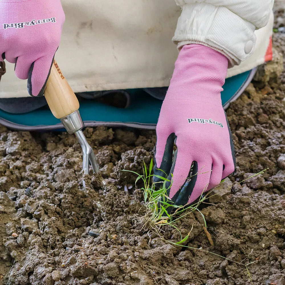 Garden Tools Double Tine Hand Fork 12.2 inch Stainless Steel Hand Weeding Fork with Wooden Handle