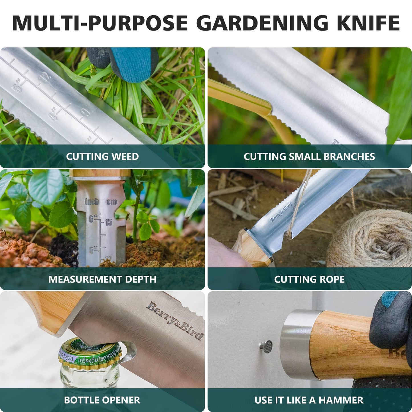 Garden Tools Hori Hori Garden Knife 7.1 inch Stainless Steel Serrated Blade with Leather Sheath