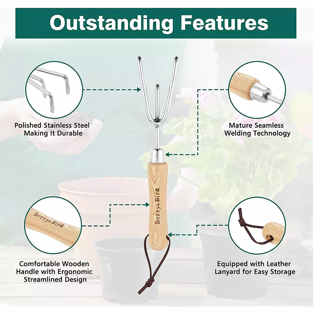 Garden Tools Lighter Range Hand Cultivator 8.9 inch Handheld Triple Claw Hand Rake with Wooden Handle