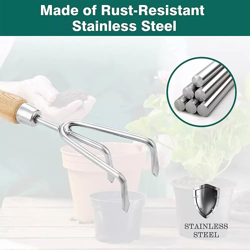 Garden Tools Lighter Range Hand Cultivator 8.9 inch Handheld Triple Claw Hand Rake with Wooden Handle