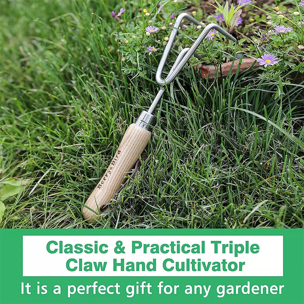 Garden Tools Lighter Range Hand Cultivator 8.9 inch Handheld Triple Claw Hand Rake with Wooden Handle