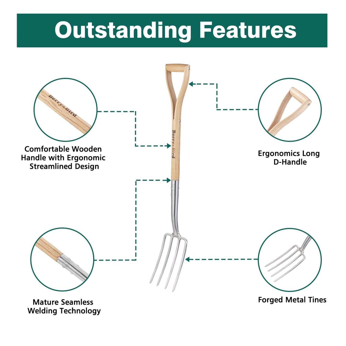 Garden Tools 4-Tine Stainless Steel Heavy Duty Spading Fork 43.9 inches D-Grip Handle