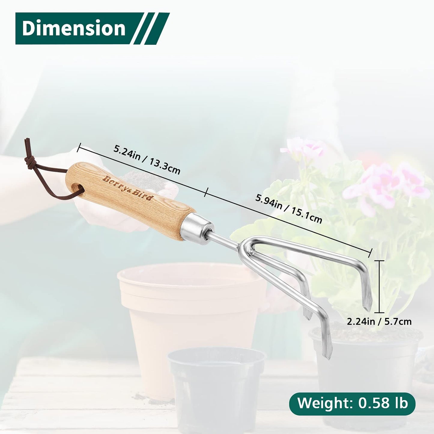 Garden Tools Hand Cultivator 11.18 inch Handheld Triple Claw Hand Rake with Wooden Handle