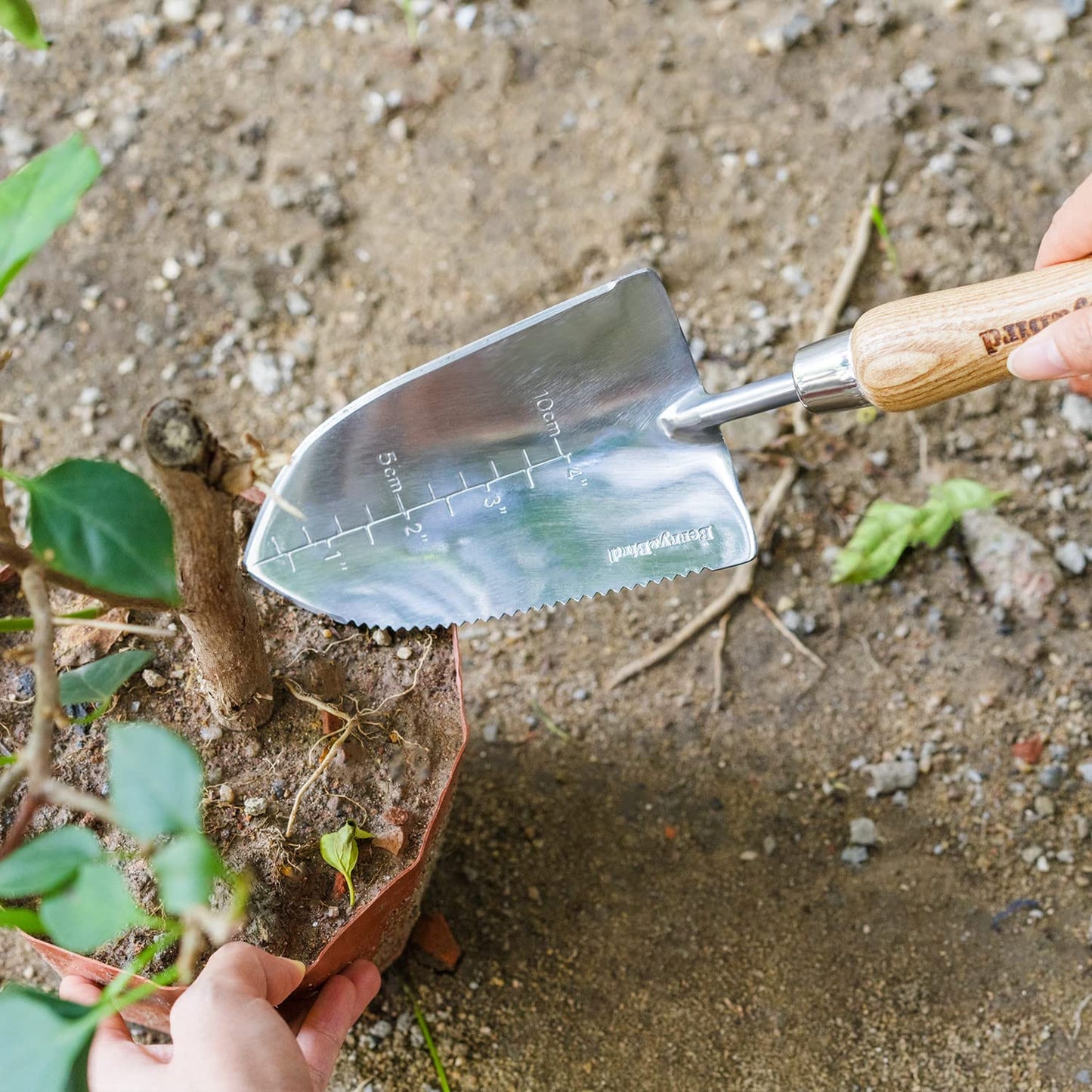 Garden Trowel Potting Serrated Planting Trowel with Wood Handle