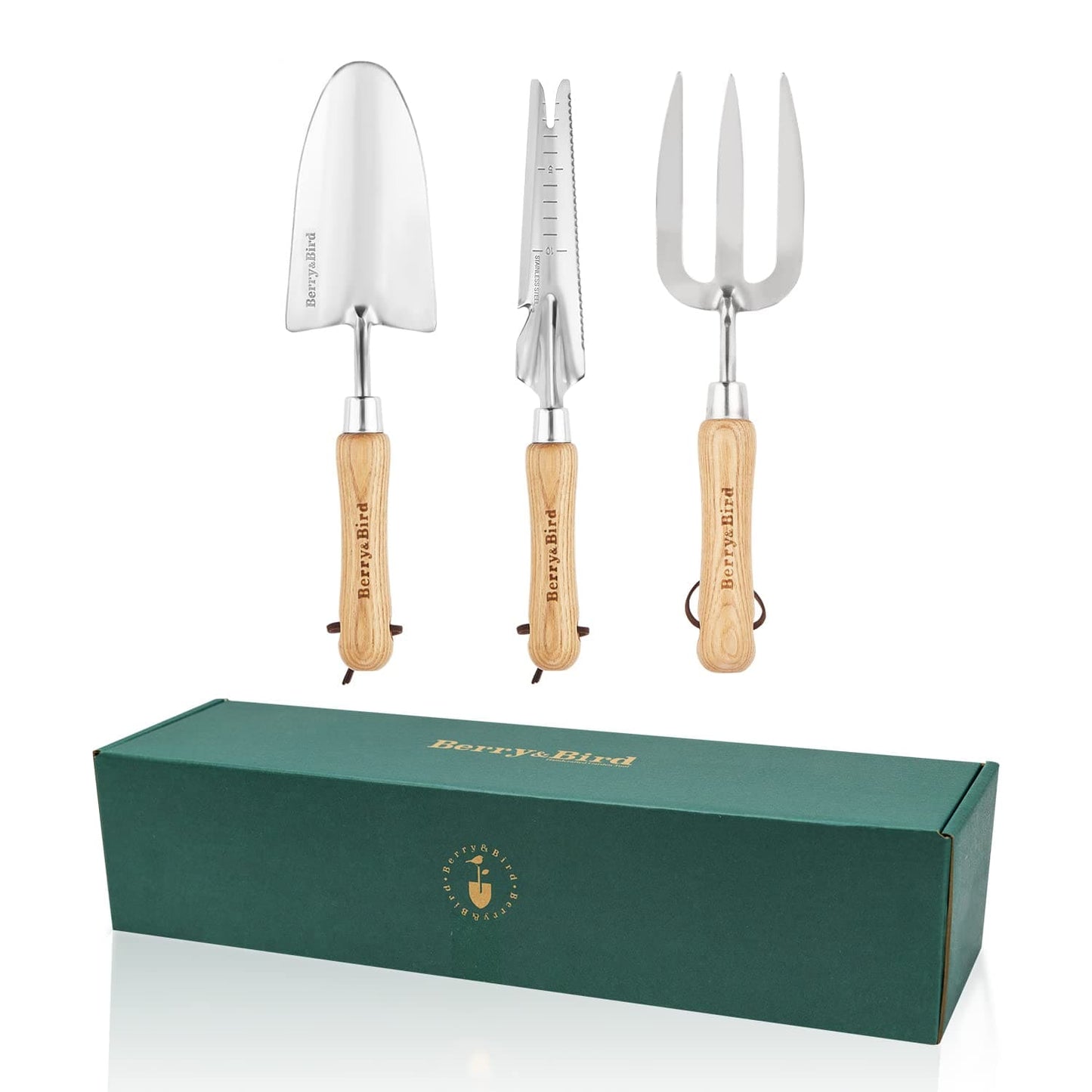 Garden Tool Set 3 PCS Stainless Steel Gardening Tool Kit (Wooden Handle Trowel, Hand Fork & Weeder)