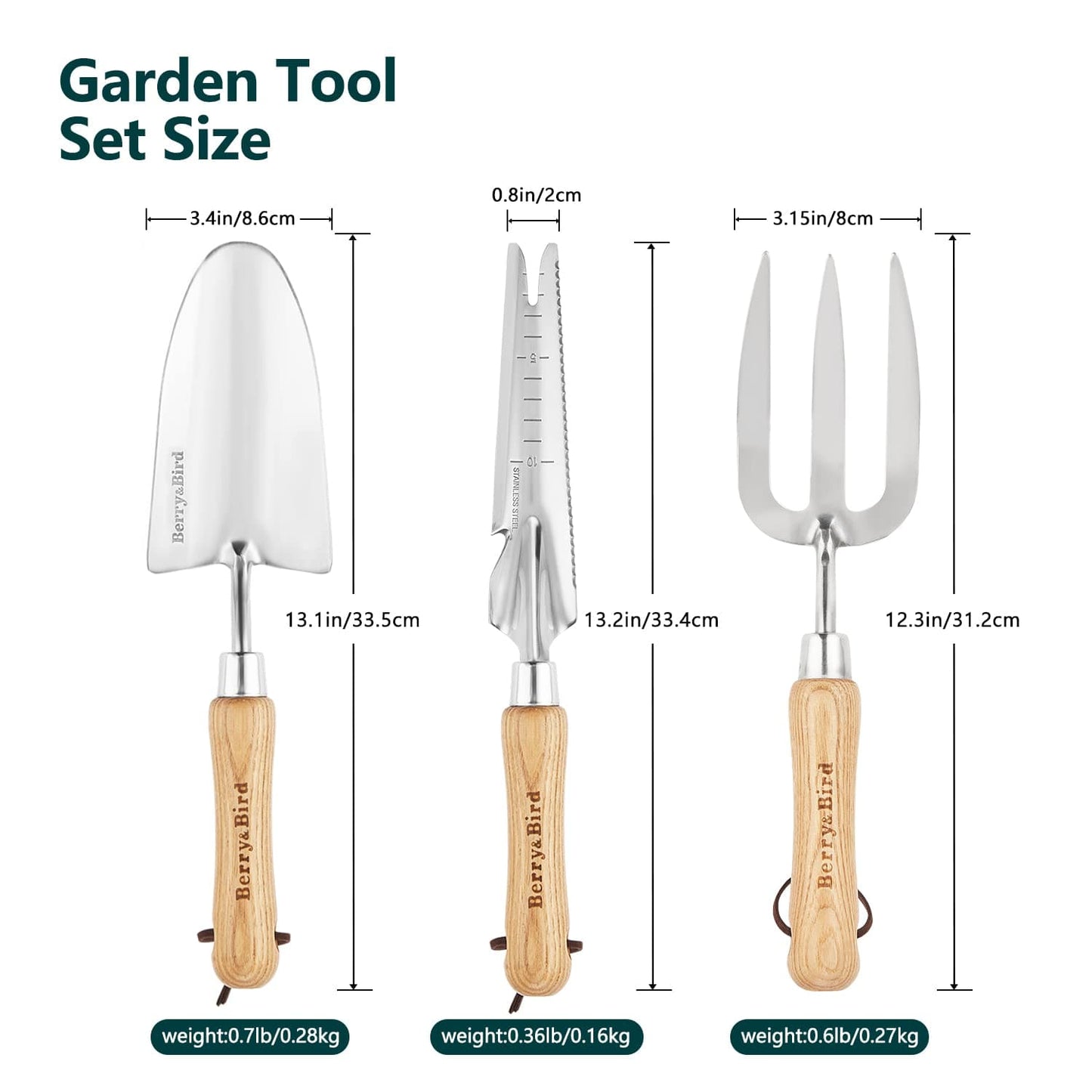 Garden Tool Set 3 PCS Stainless Steel Gardening Tool Kit (Wooden Handle Trowel, Hand Fork & Weeder)