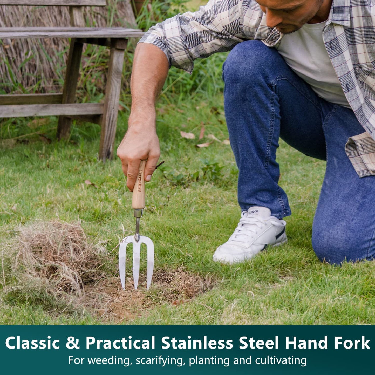 Garden Tool Set 3 PCS Stainless Steel Gardening Tool Kit (Wooden Handle Trowel, Hand Fork & Weeder)