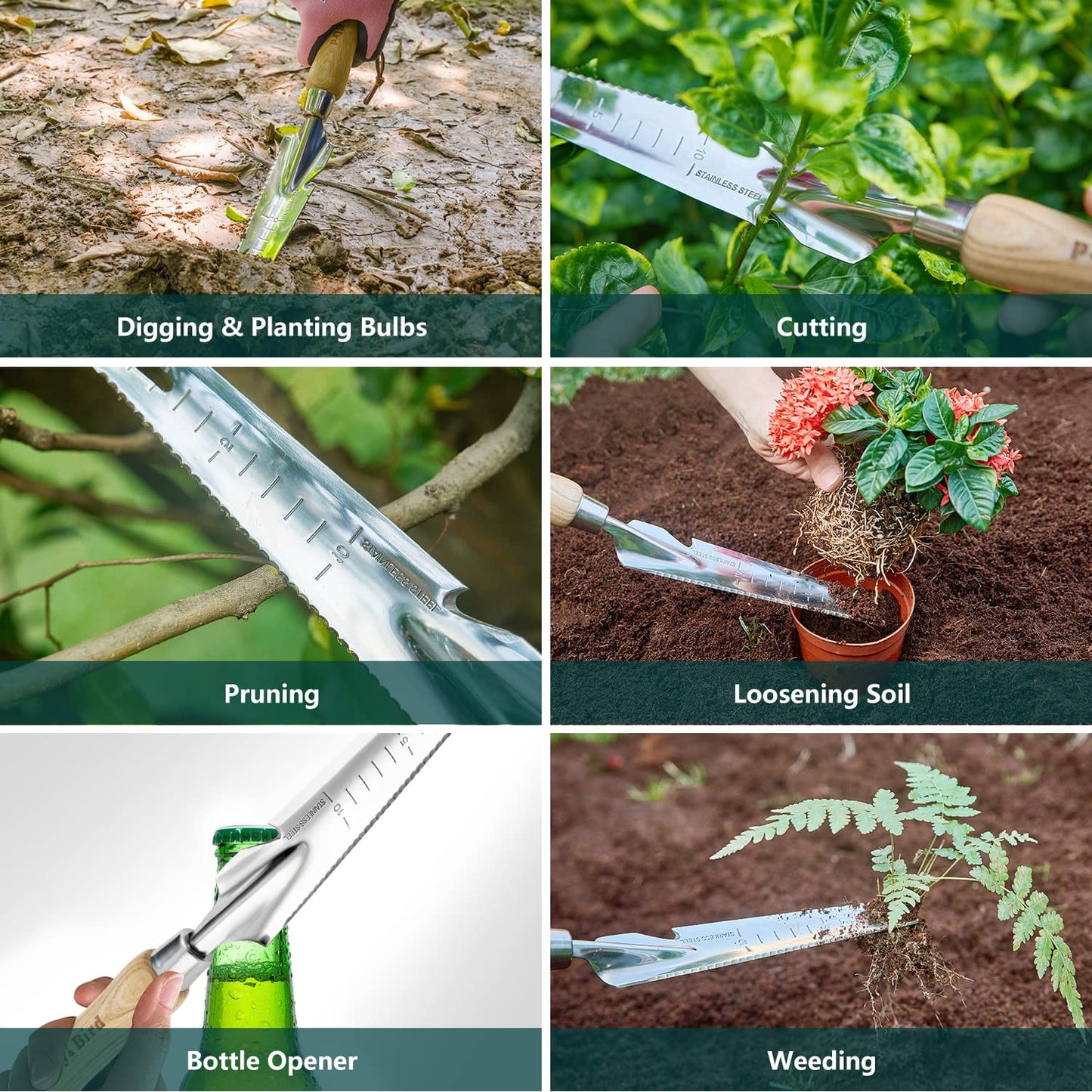 Garden Tool Set 3 PCS Stainless Steel Gardening Tool Kit (Wooden Handle Trowel, Hand Fork & Weeder)
