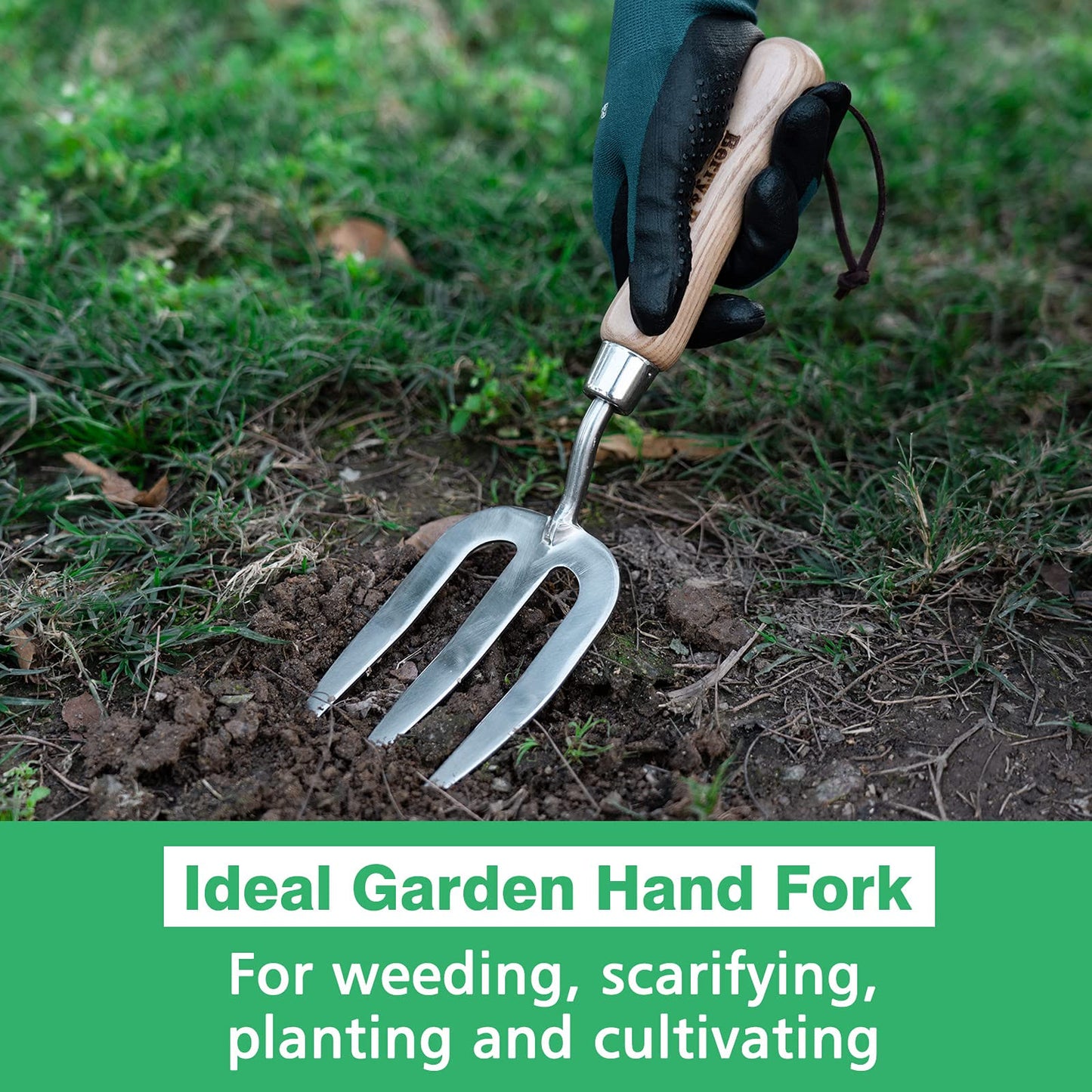 Garden Tools Hand Fork 12.3 inch Stainless Steel Hand Weed Fork with Wood Handle