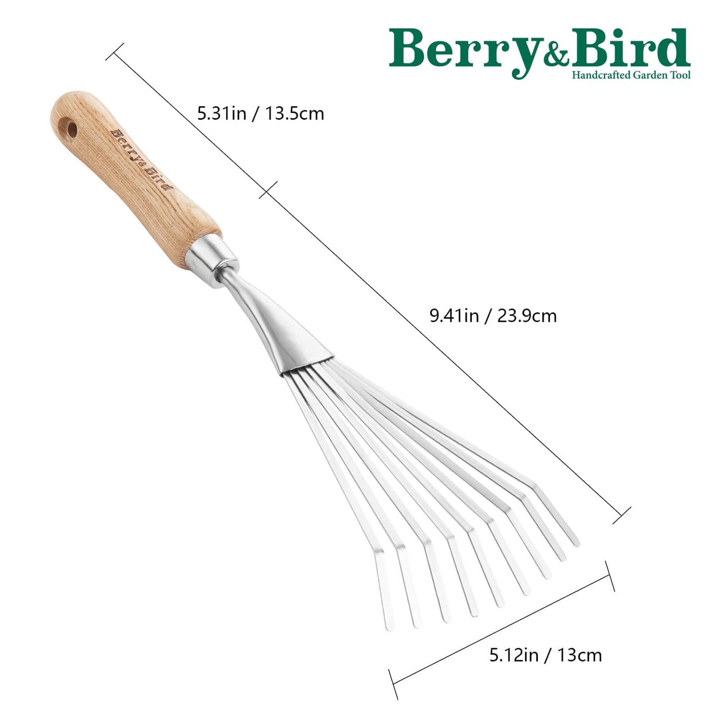Garden Tools Grass Rake 14.7 inch Stainless Steel Grass Rake 9 Tines Fan Lawn Leaf with Wooden Handle