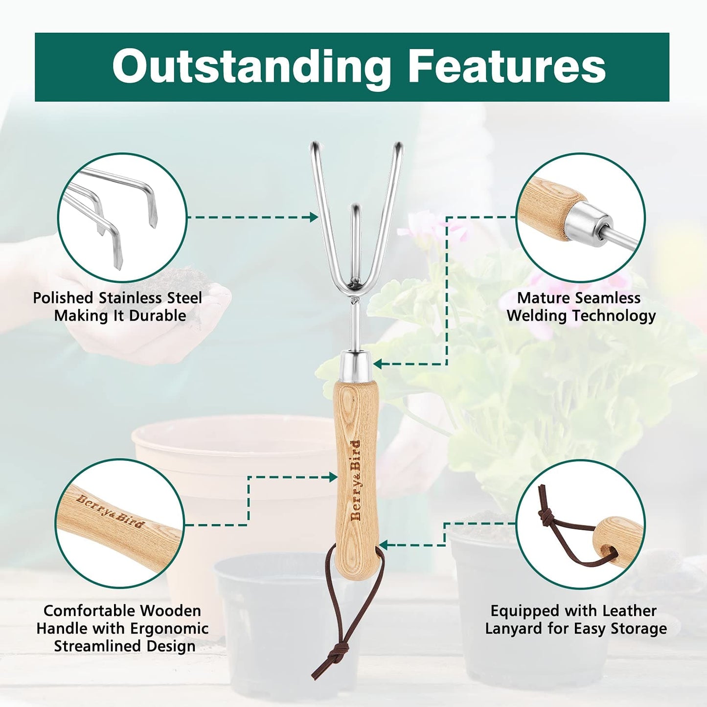 Garden Tools Hand Cultivator 11.18 inch Handheld Triple Claw Hand Rake with Wooden Handle