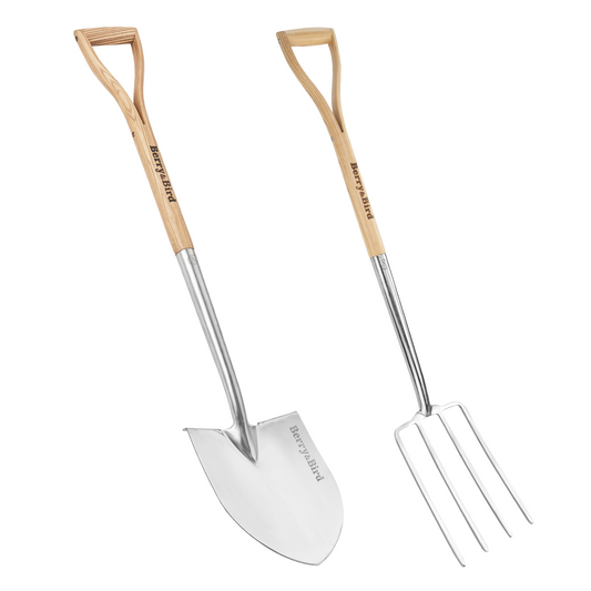 Garden Tool Set 2 PCS 43 inch Stainless Steel Gardening Tool Kit (Round Point Shovel, Digging Fork)