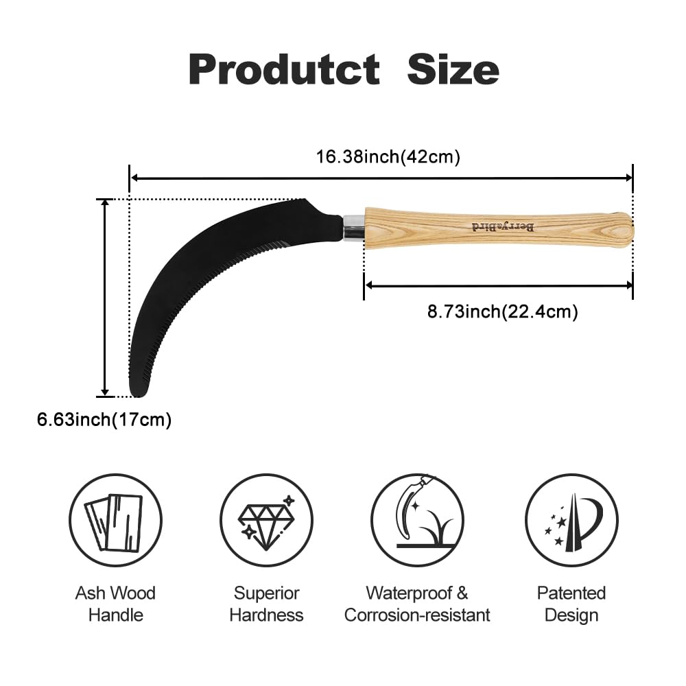 Garden Tools Grass Sickle with Sawtooth Hand Sickle with Heavy Duty SK5 Carbon Steel Blade