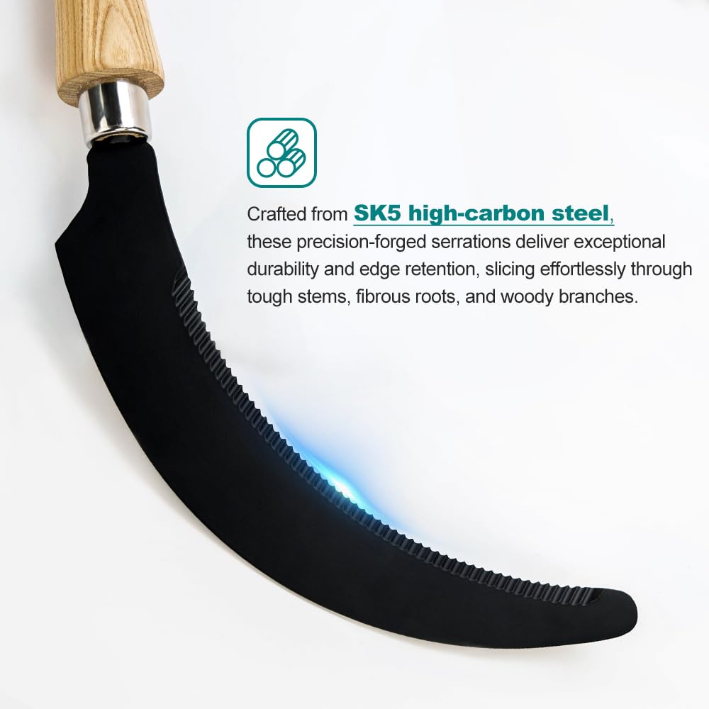 Garden Tools Grass Sickle with Sawtooth Hand Sickle with Heavy Duty SK5 Carbon Steel Blade