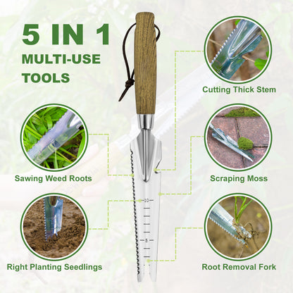Multi-Use Weed Trowel Stainless Steel Dandelion Fork Puller and Digging Knife with Wood Handle