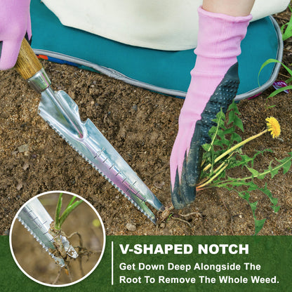 Multi-Use Weed Trowel Stainless Steel Dandelion Fork Puller and Digging Knife with Wood Handle