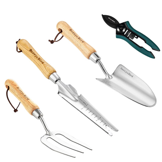 Garden Tool Set 4 PCS Stainless Steel Gardening Tool Kit (Hand Trowel, Hand Fork, Hand Weeder and Pruning Shears)