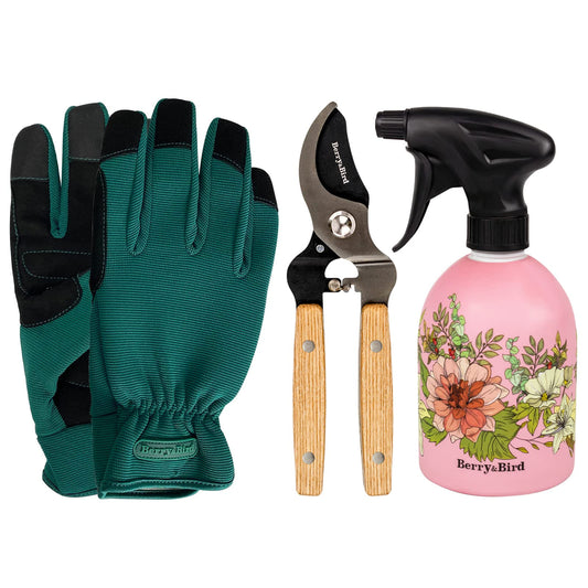 Garden Tool Set 3 PCS Gardening Tool Kit (Thorn Proof Gloves, Pruning Shears and Pink Spray Bottle)