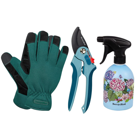 Garden Pruning Shear Set 3 PCS  Gardening Tool Kit (Bypass Pruning Shears, Gloves, Water Sprayer)