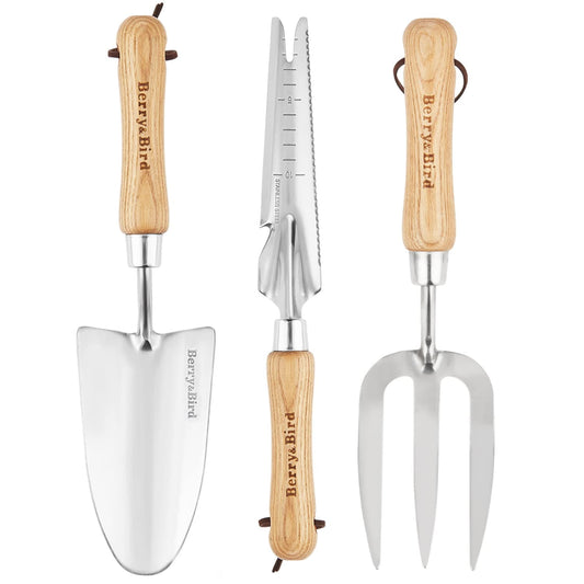 Garden Tool Set 3 PCS Stainless Steel Gardening Tool Kit (Wooden Handle Trowel, Hand Fork & Weeder)