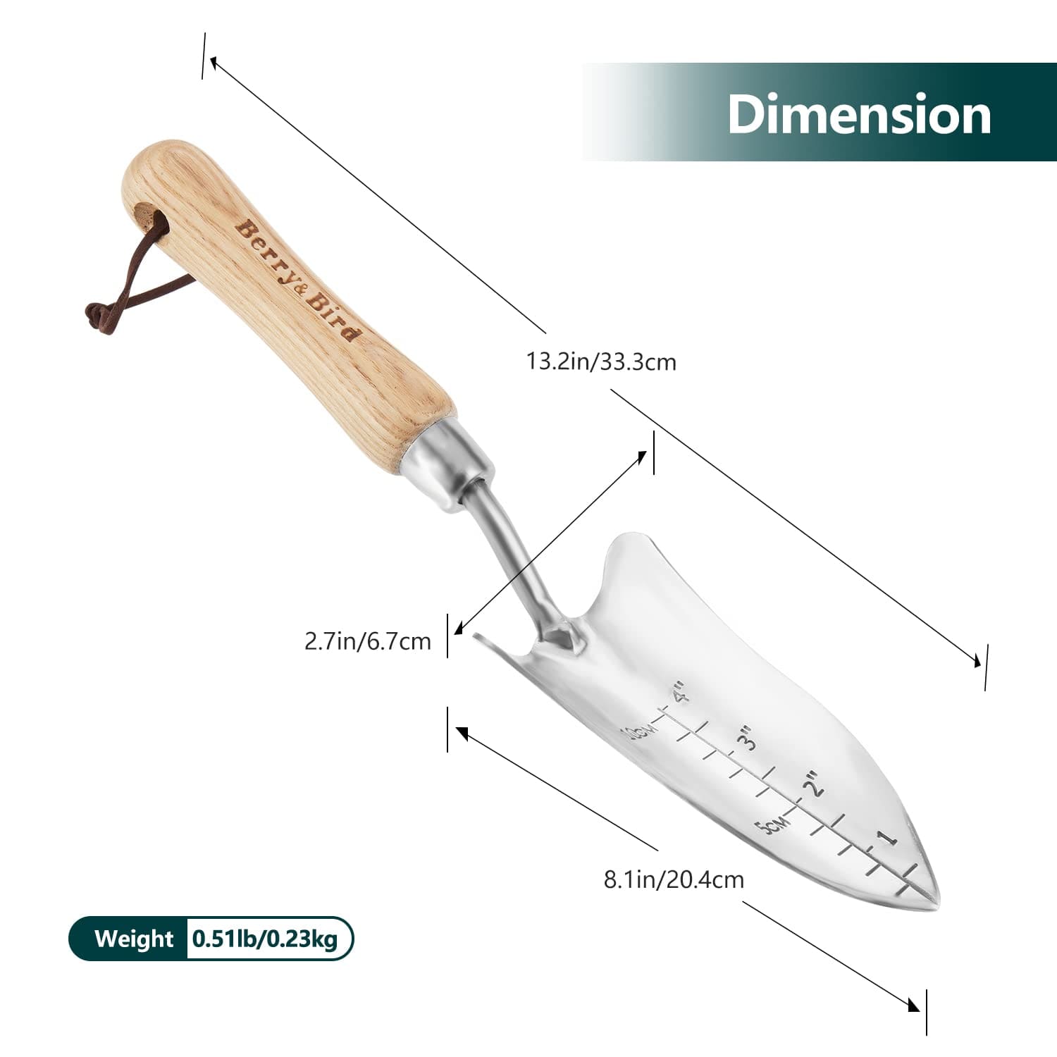 wood handle garden trowel Berry&Bird Transplant Trowel with Measurements, Garden Stainless Steel Potting Hand Trowel with Wooden Handle, Small Garden Hand Shovel Transplanter
