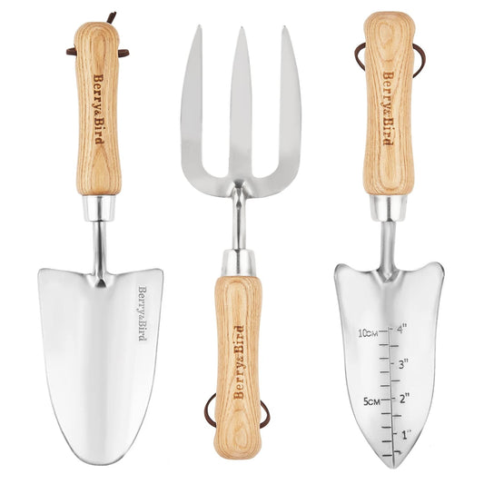 Garden Tool Set 3 PCS Stainless Steel Gardening Tool Kit (Wooden Handle Trowel Weeding Fork & Digging Shovel)