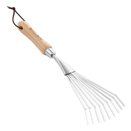Garden Tools Grass Rake 14.7 inch Stainless Steel Grass Rake 9 Tines Fan Lawn Leaf with Wooden Handle
