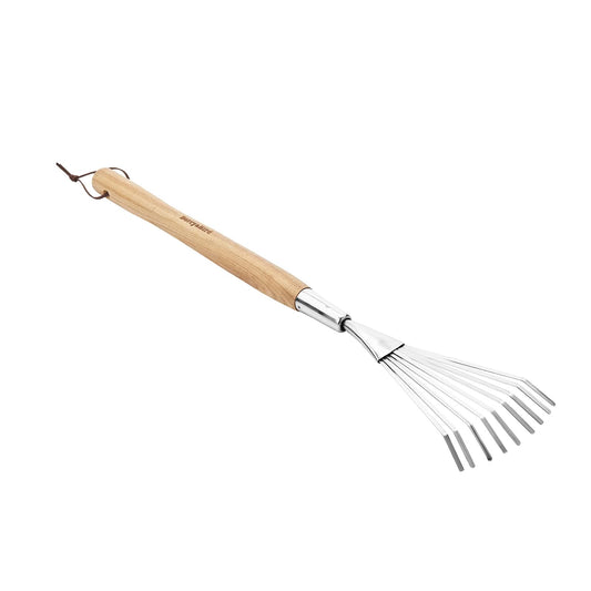 Garden Tools Grass Rake 26.8 inch Stainless Steel Grass Rake 9 Tines Fan Lawn Leaf with Wooden Handle