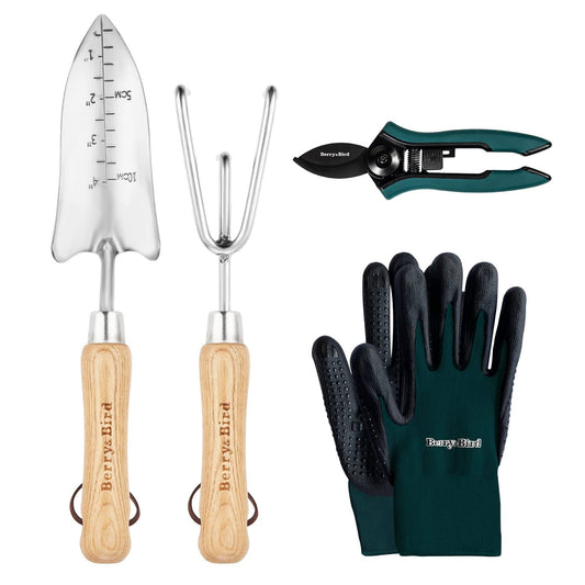 Premium Garden Tool Set 4 PCS Stainless Steel Gardening Tool Kit (Handle Trowel & Rake, Garden Shears & Gloves)