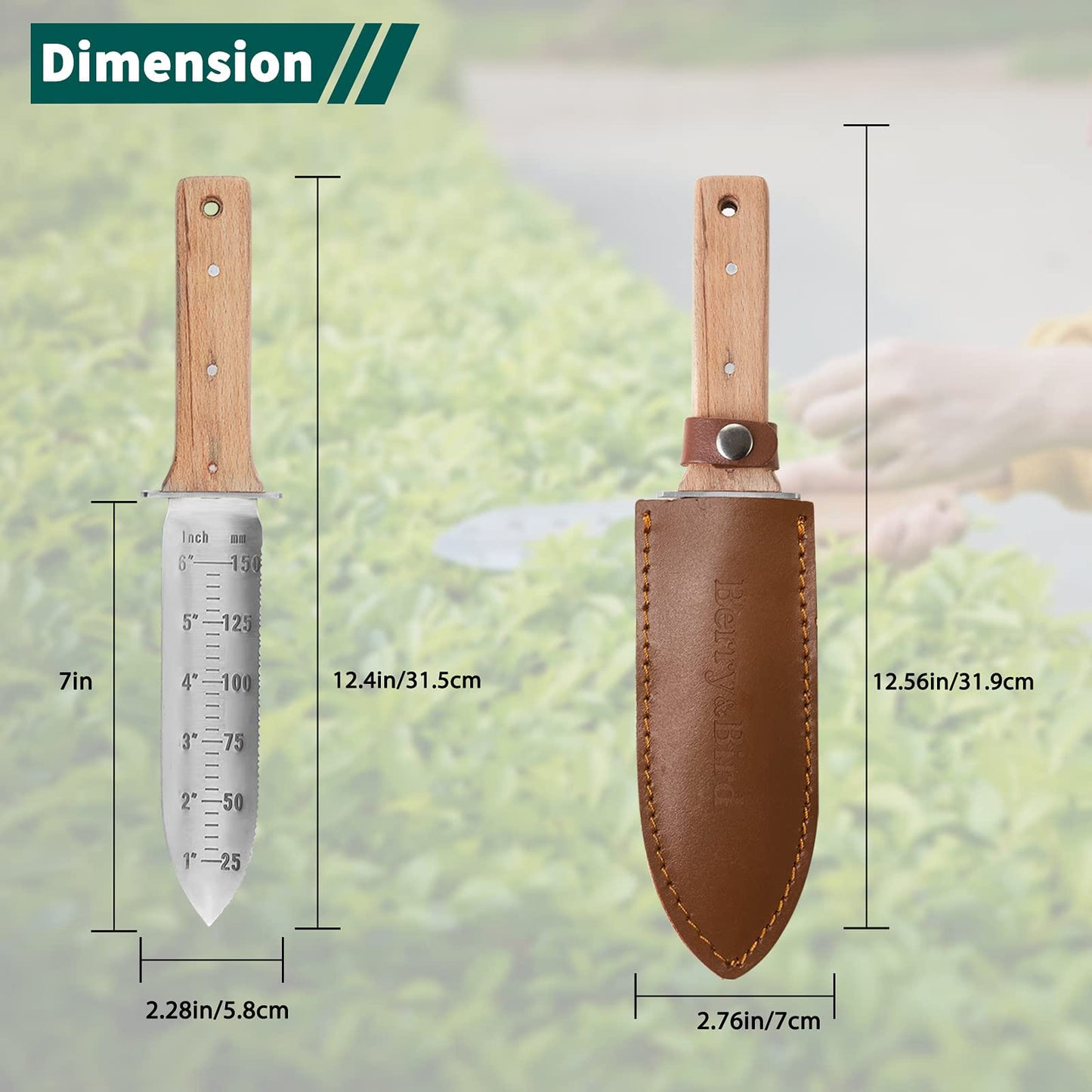 Garden Knife 7 inch Stainless Steel Serrated Blade with Leather Sheath and Sharpening Stone